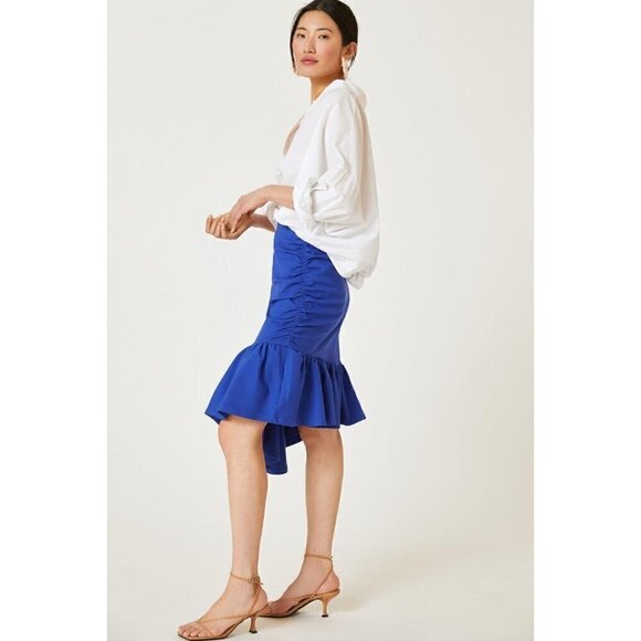 Anthropologie Maeve Slim Flounce Skirt Asymmetrical Ruffle Hem Royal Blue Small - Picture 2 of 5